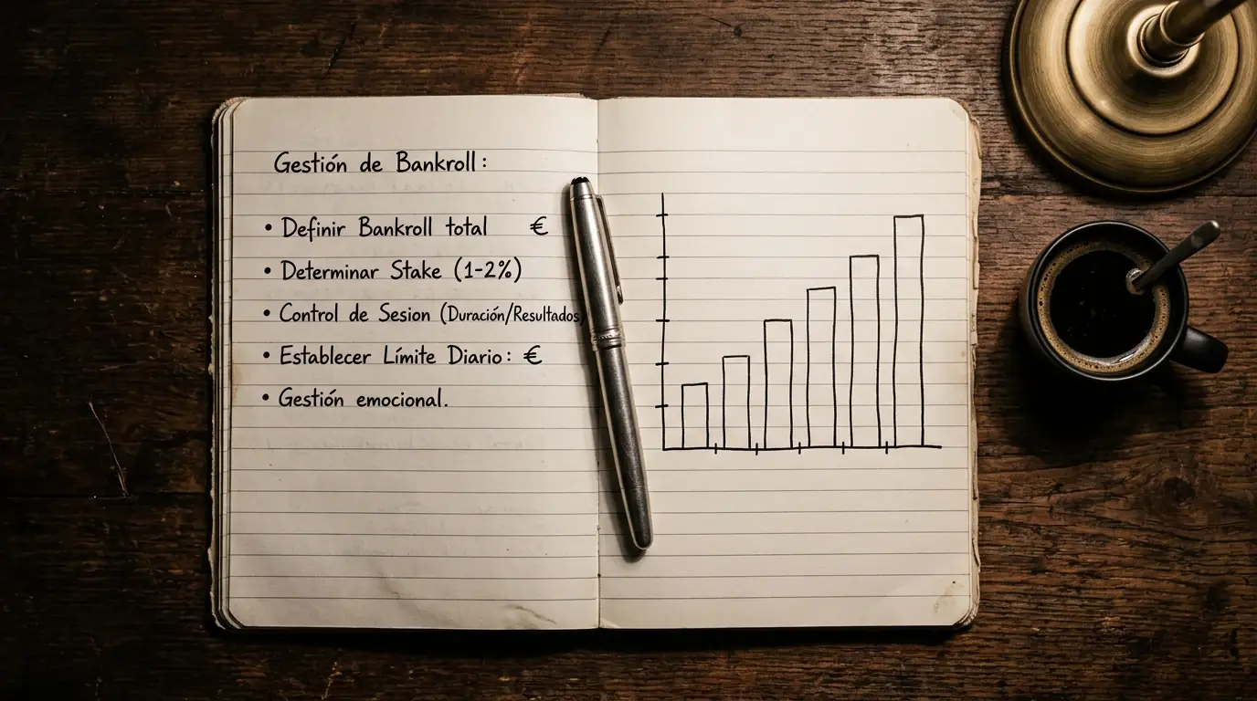 Libreta abierta con notas manuscritas sobre gestión de bankroll para apuestas de tenis y un bolígrafo encima