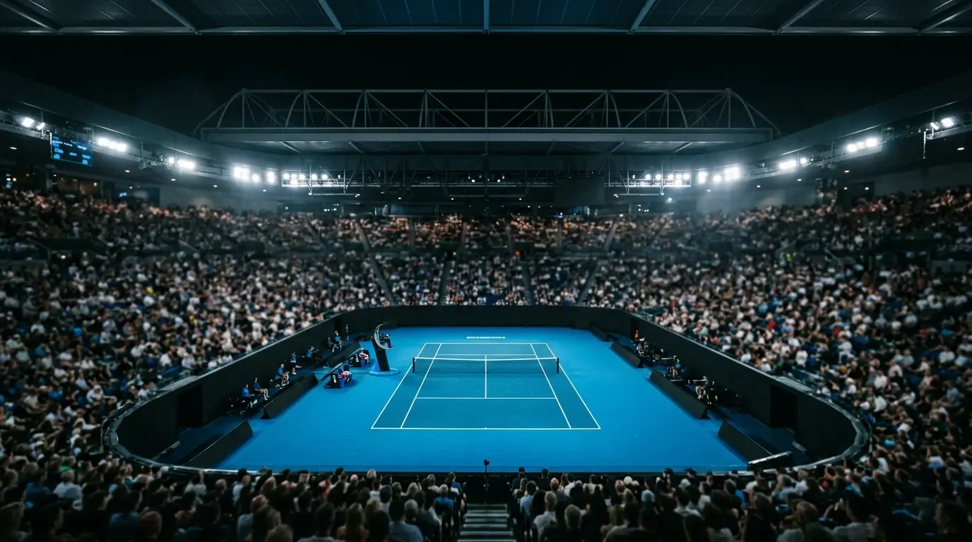 Pista central del Australian Open en Rod Laver Arena durante la sesión nocturna, con luces azules y pantalla de marcador
